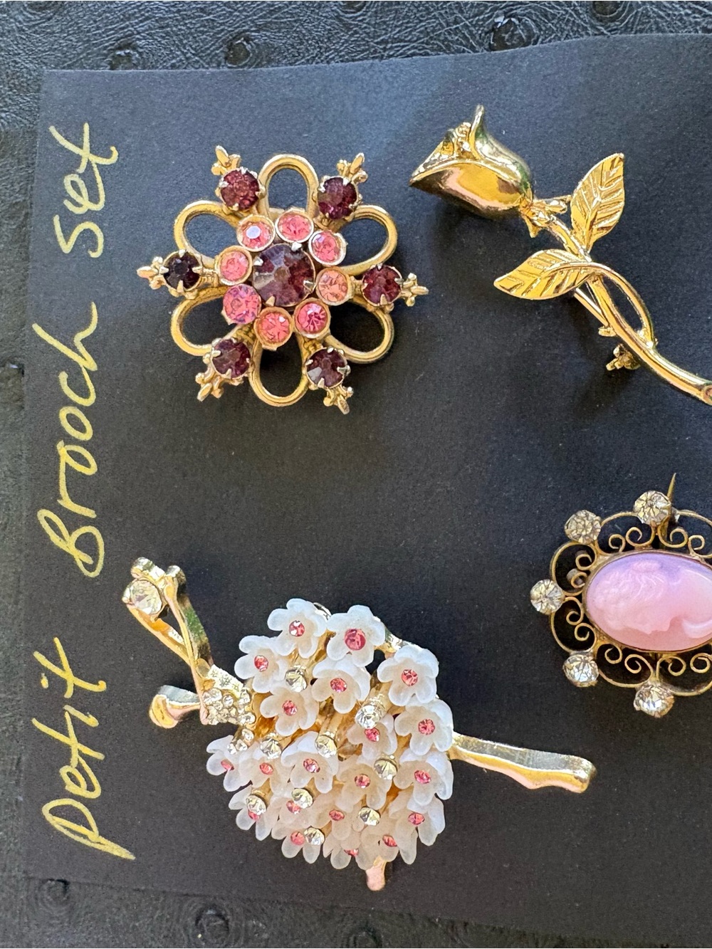 Vintage Gold Flower Brooch Set with Pink and White Accents